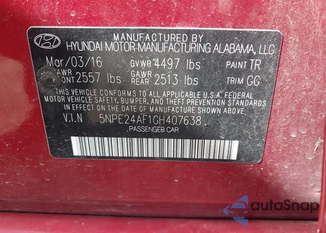 2016 Hyundai Sonata Se z USA, uszkodzony, nr VIN 5NPE24AF1GH407638